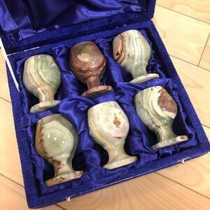 Collectible Natural Green Onyx Stone Carved Goblet Set of 6 with Case